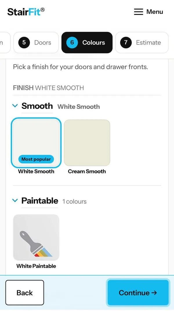 The designer on a phone at the Colours step: smooth and paintable finishes with White Smooth selected