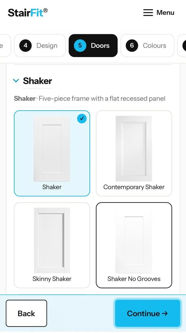 The designer on a phone at the Doors step: Shaker door styles with one selected
