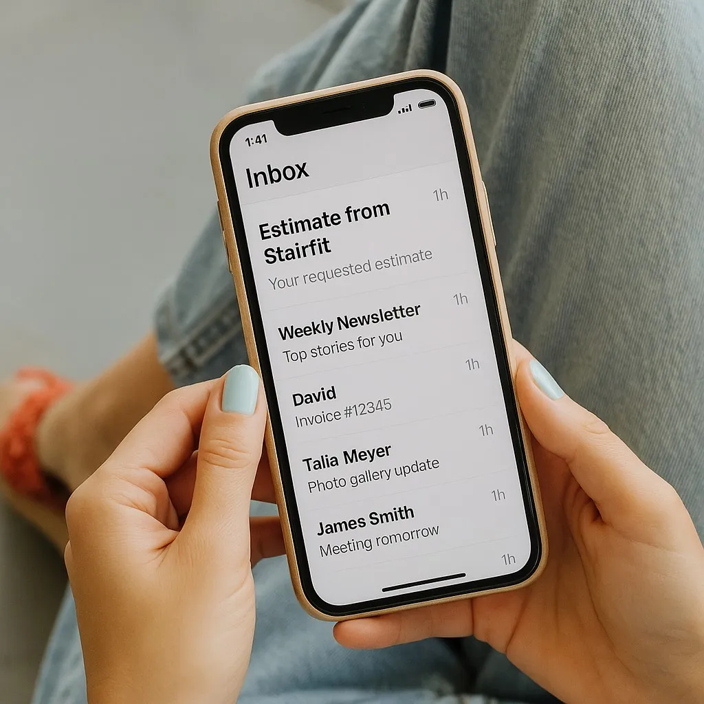 A phone held in two hands, its inbox showing an estimate email from StairFit at the top